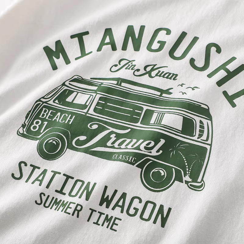 Áo thun nam chất liệu cotton 100%, dày dặn 320G, in hình xe buýt cổ điển Nhật Bản, cổ tròn, dáng rộng, phong cách giản dị Mỹ, áo thun cotton nguyên chất.