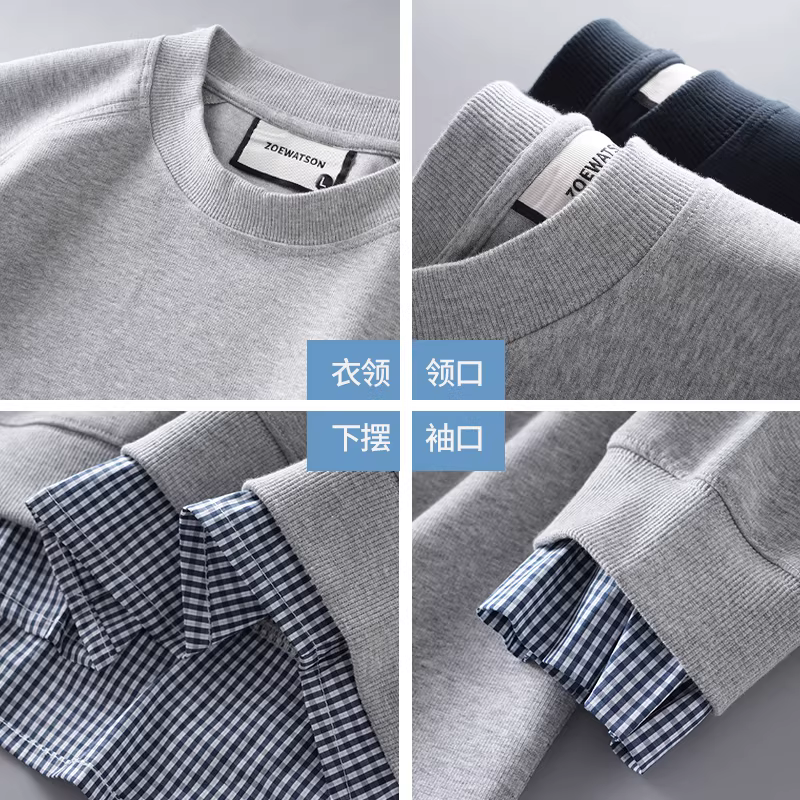 Áo khoác nam giả hai lớp chất liệu dày 340G, kiểu dáng Mỹ mới thời thượng mùa xuân thu 2025, thiết kế xu hướng, dáng rộng, cổ tròn, tay dài.