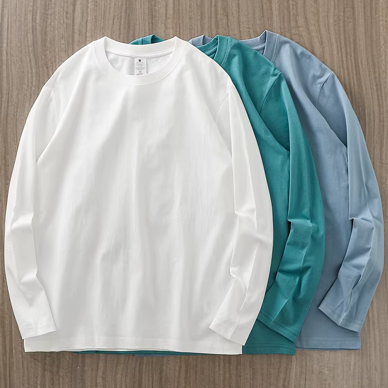 (Mua một tặng một) Áo thun cotton nguyên chất Tân Cương 210G, cổ tròn, màu trắng trơn, dài tay, dành cho nam giới mùa thu