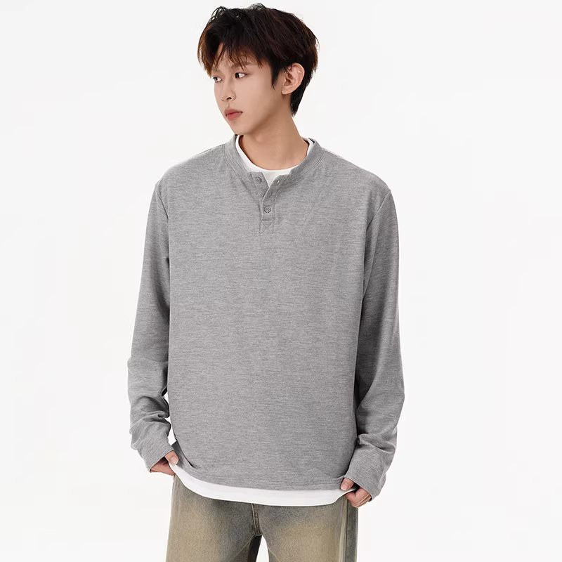 Áo thun nam chất liệu vải waffle dệt kim giả hai lớp, tay dài, kiểu dáng cao cấp phong cách Mỹ, cổ Henry, chất liệu mềm mại, thích hợp làm lớp áo lót.