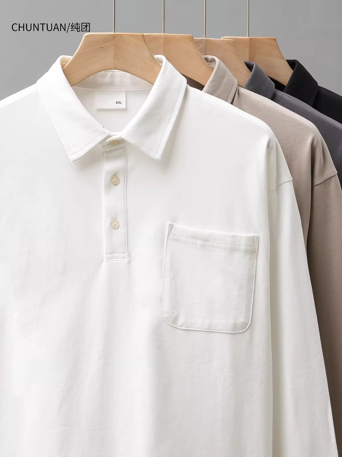 Áo polo cotton nguyên chất hạng nặng, áo thun nam dài tay có cổ phong cách Mỹ mùa thu, áo thun dáng rộng, áo sơ mi màu trắng tinh khiết.