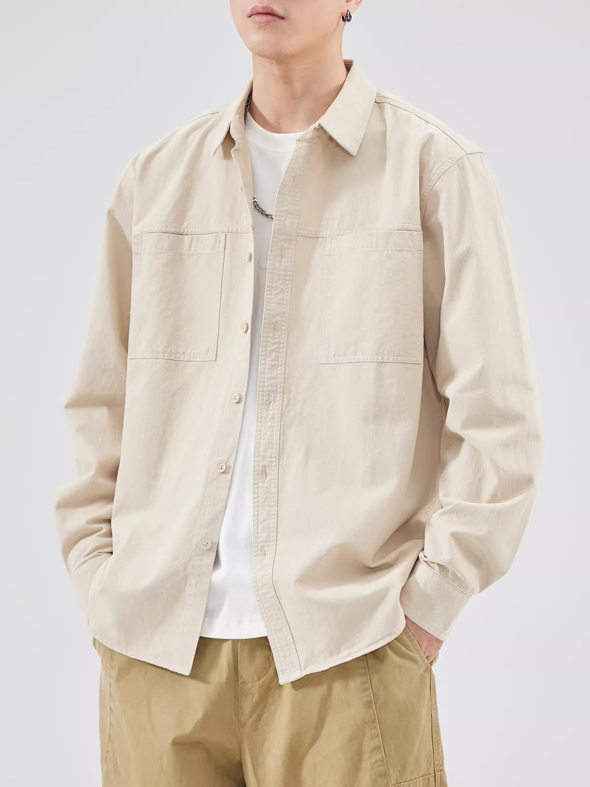 Áo khoác sơ mi công sở hạng nặng dành cho nam, mùa xuân và mùa thu, chất liệu cotton nguyên chất, phong cách cổ điển Mỹ, cao cấp, mát mẻ và sành điệu, cổ bẻ, áo sơ mi dài tay.