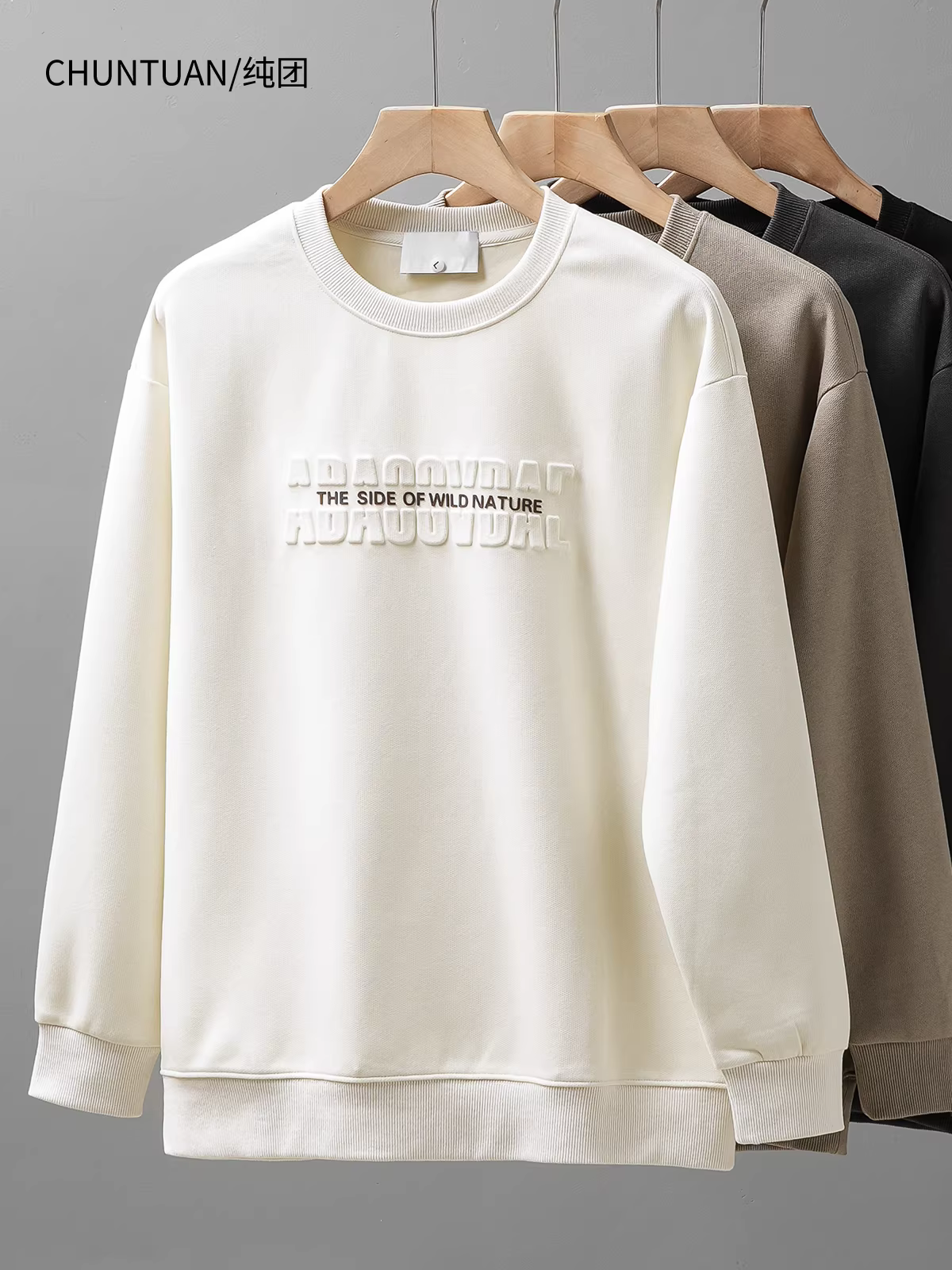 Áo nỉ nam hạng nặng 340G, áo thun cổ tròn in nổi phong cách Mỹ mùa thu, áo khoác dài tay dáng rộng, phong cách thường ngày