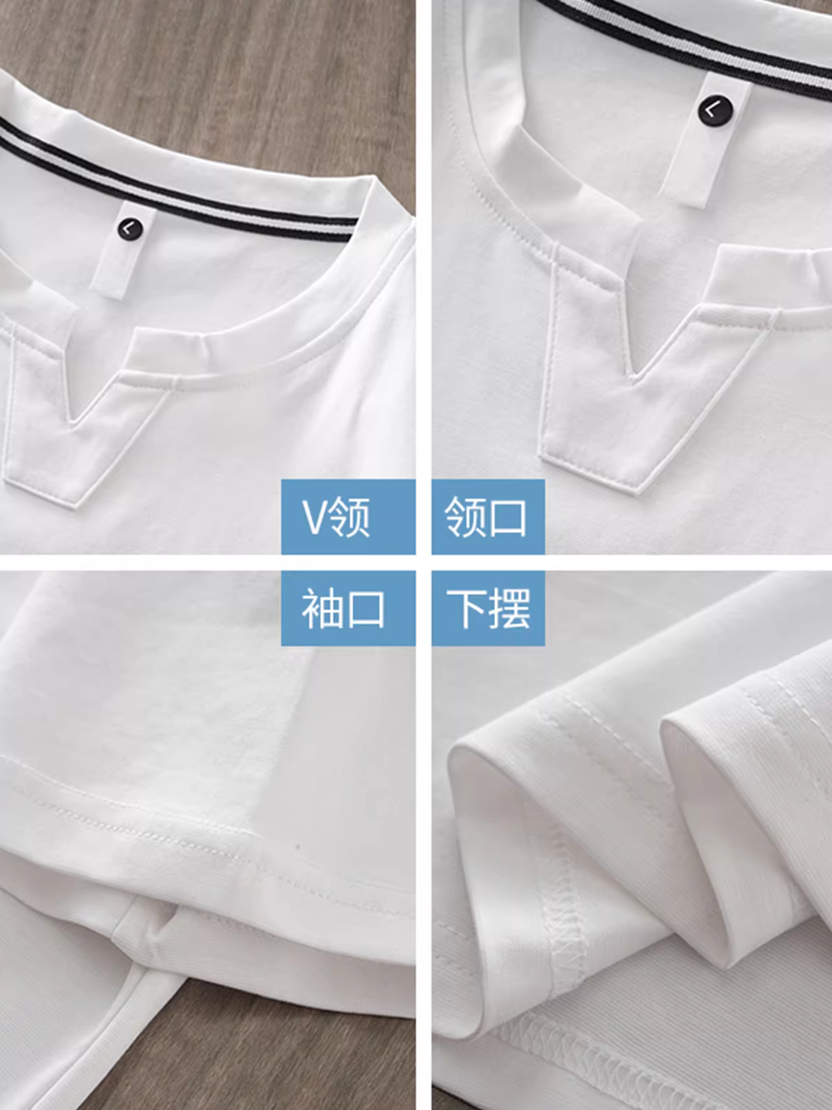 Áo thun nam tay ngắn cổ V chất liệu lụa đá mát mẻ, thiết kế độc đáo mùa hè 2024, màu trắng tinh khiết, kiểu nửa tay.