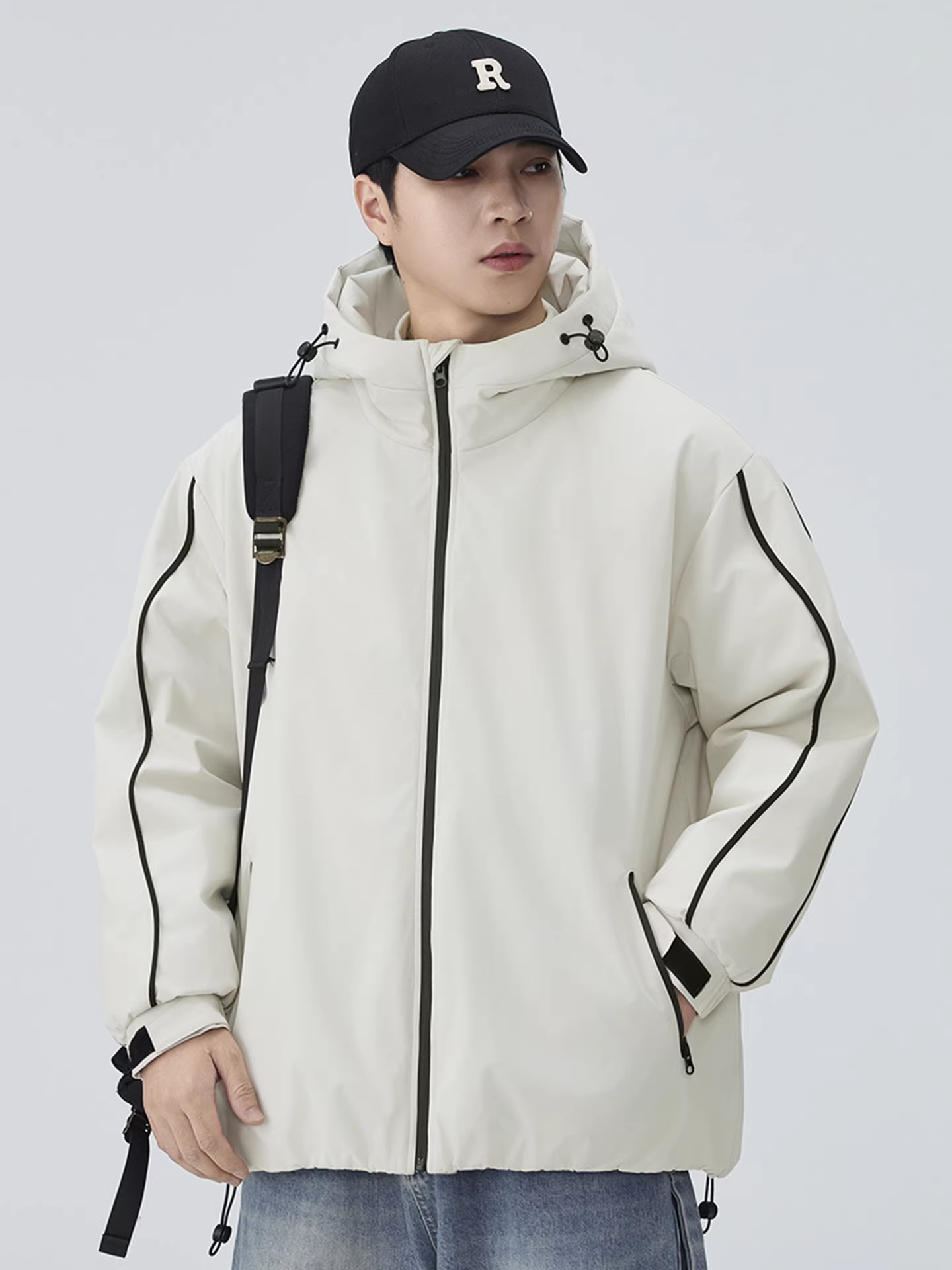 Áo khoác lông vũ trắng tinh khiết dành cho nam, áo khoác phao dày dặn kiểu Mỹ mùa đông, áo khoác thể thao có mũ trùm đầu màu sắc phối hợp ấm áp.
