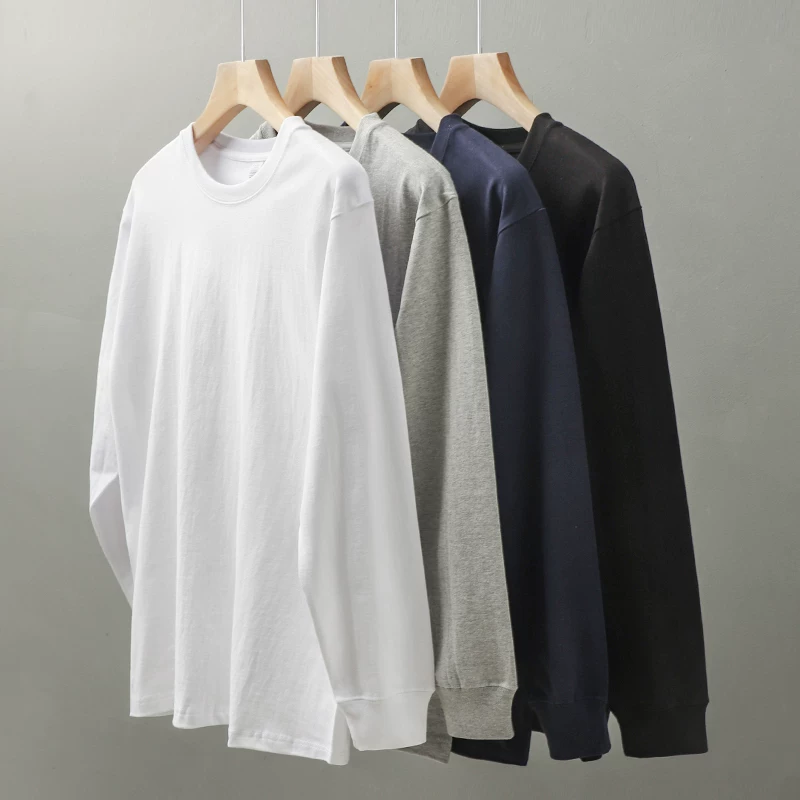 Áo thun dài tay bằng cotton nguyên chất 300G dành cho nam, áo len cổ tròn dệt kim hai kim, áo sơ mi trơn màu dành cho thanh thiếu niên, mùa thu đông.