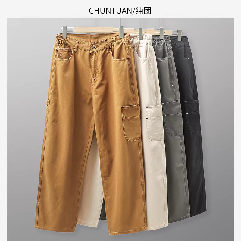 Quần jean denim hạng nặng kiểu Nhật dành cho nam, quần ống rộng dáng rộng, quần ống rộng kiểu bố, quần công sở lưng thun cotton nguyên chất, quần thường ngày, thương hiệu thời thượng