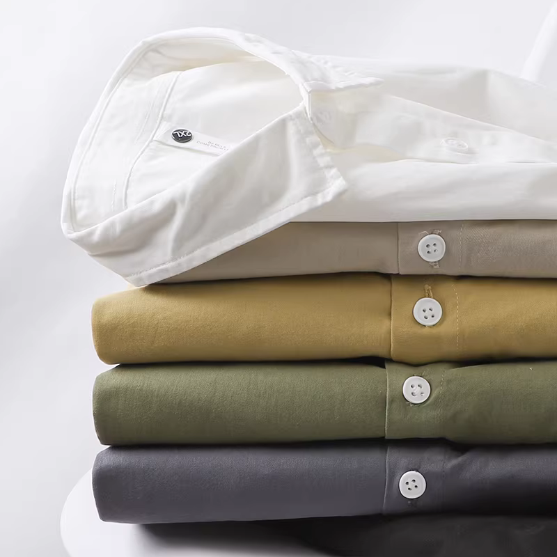 Áo sơ mi cotton nguyên chất hạng nặng 350G dành cho nam, dài tay, mùa thu đông, cảm giác cao cấp, lớp bên trong, áo khoác sơ mi cổ trắng dành cho thanh thiếu niên.