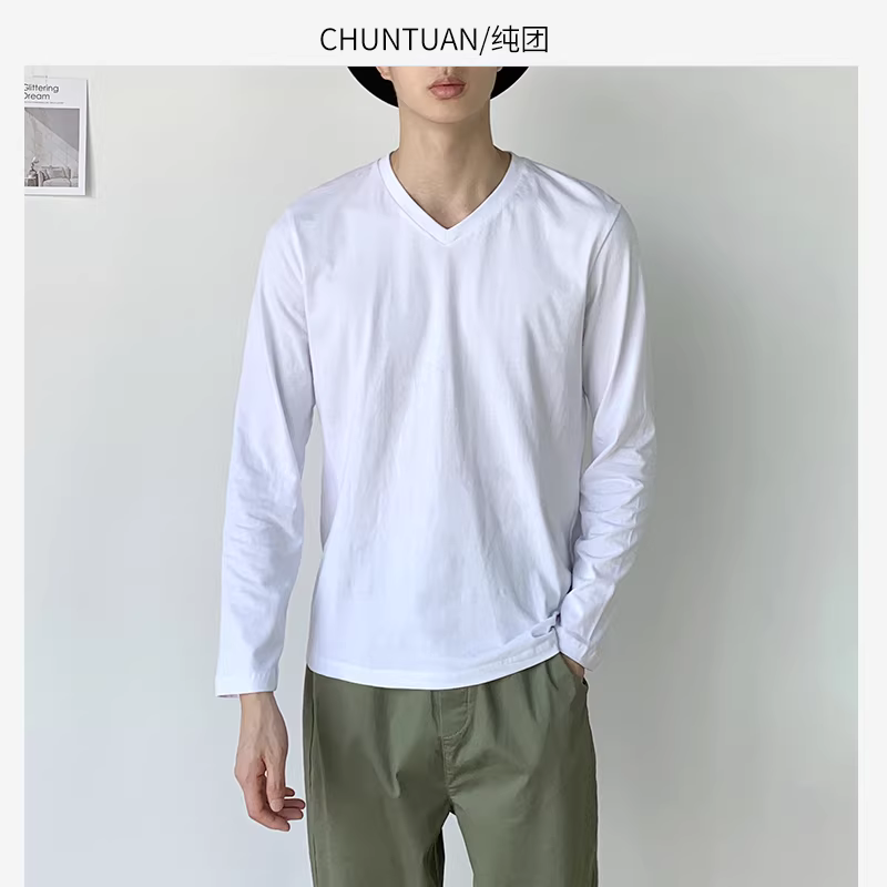 Áo thun dài tay kiểu Nhật dành cho nam, lớp lót mỏng mùa xuân hè, áo màu trơn, áo lót nam cổ chữ V hợp thời trang, chất liệu cotton nguyên chất.