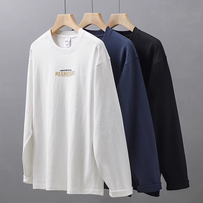 Áo thun dài tay hạng nặng 320G phong cách Nhật Bản dành cho nam, áo len cotton nguyên chất phong cách núi mùa thu với áo sơ mi in hình xe địa hình của Mỹ