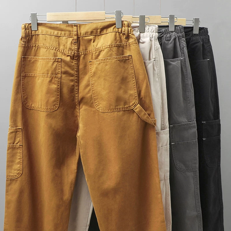 Quần jean denim hạng nặng kiểu Nhật dành cho nam, quần ống rộng dáng rộng, quần ống rộng kiểu bố, quần công sở lưng thun cotton nguyên chất, quần thường ngày, thương hiệu thời thượng