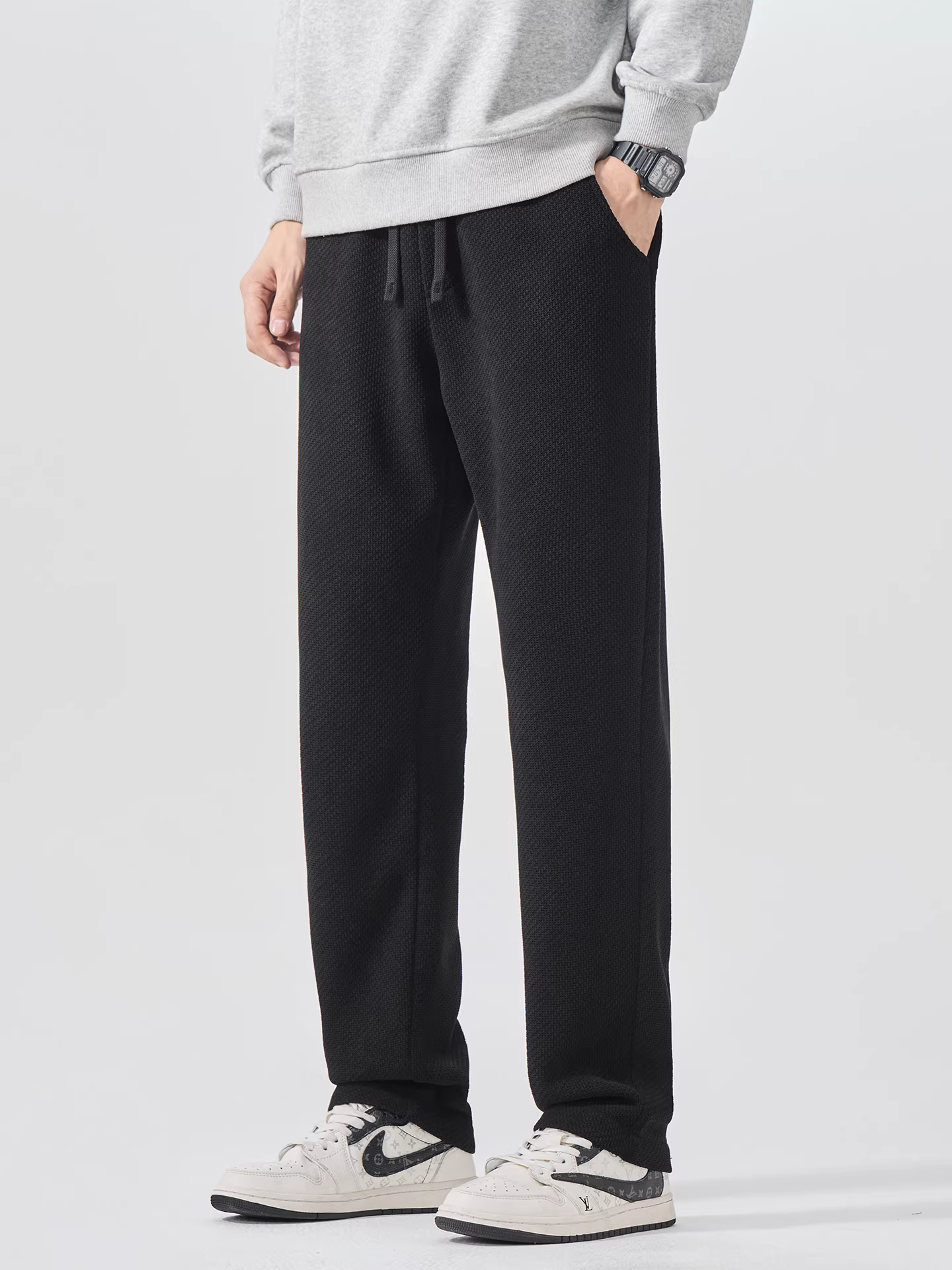 Quần thể thao dệt kim hạng nặng dành cho nam, quần dài dáng rộng kiểu Mỹ đa năng mùa thu đông, quần ống suông thon gọn chín phần, phong cách thường ngày