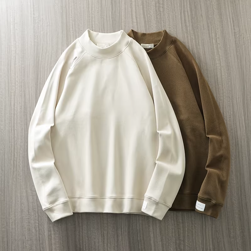 Áo thun dài tay cổ cao nửa cổ bằng nhung hạng nặng của Đức dành cho nam, áo sơ mi lớp nền dày dặn ấm áp mùa thu đông với tay áo raglan và áo len cổ giữa.