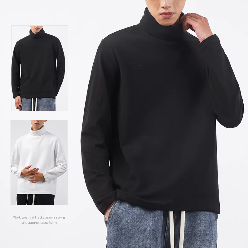 Áo thun giữ nhiệt cổ cao cho nam, mùa thu đông, màu trơn, dày dặn kiểu Mỹ, áo thun dài tay nặng 320G dành cho nam.