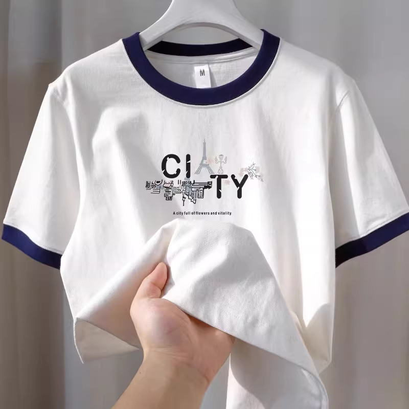 Áo thun nữ tay ngắn in họa tiết, kiểu dáng mới phối màu, đơn giản và đa năng, hàng xuất khẩu thanh lý, giá rẻ.