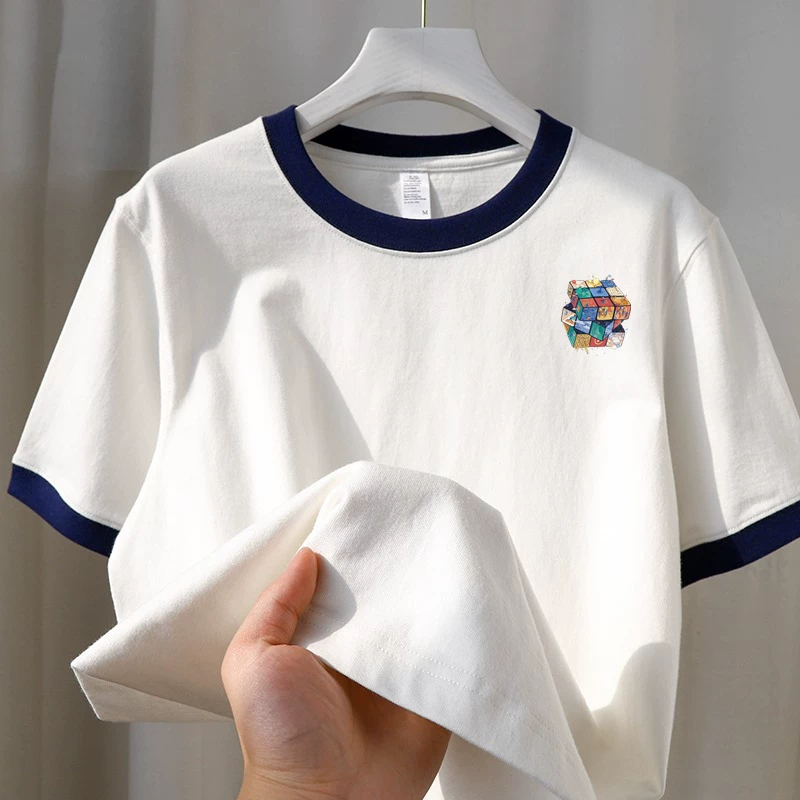 Outlet~ Áo thun ngắn tay in họa tiết cotton nguyên chất mới, màu sắc đơn giản, phối màu mùa hè, thanh lý cửa hàng xuất khẩu