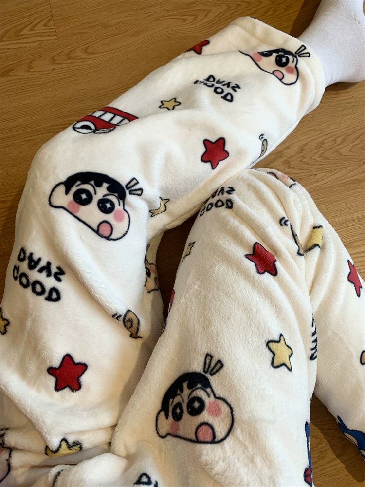 Outlet~ Quần ngủ Crayon Shin-chan dành cho nữ, quần dài cho mùa thu đông, quần mặc nhà bằng vải nỉ san hô ấm áp, quần mặc nhà thông thường