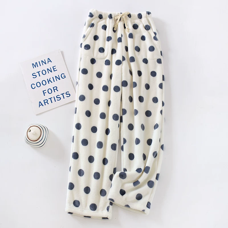 Outlet~ Quần ngủ flannel dày dành cho nữ, quần mặc nhà chất liệu lông san hô ấm áp, dáng rộng, ống thẳng, họa tiết chấm bi mùa thu đông