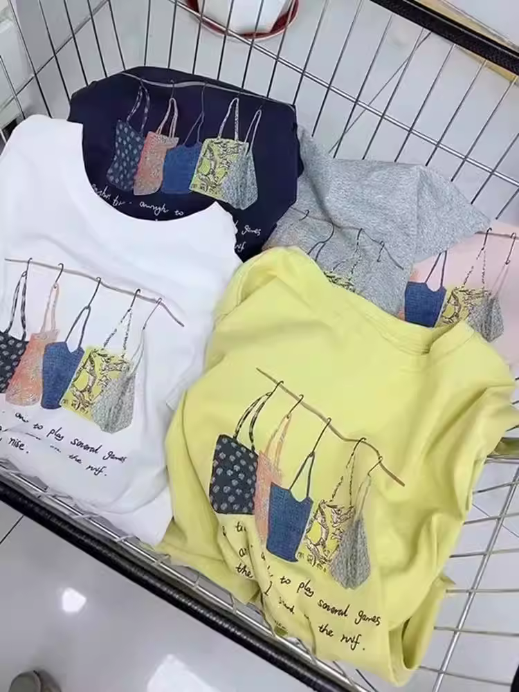 Áo thun cotton in họa tiết tay ngắn mùa hè 2025, hàng xuất khẩu, thanh lý, kiểu dáng thời trang