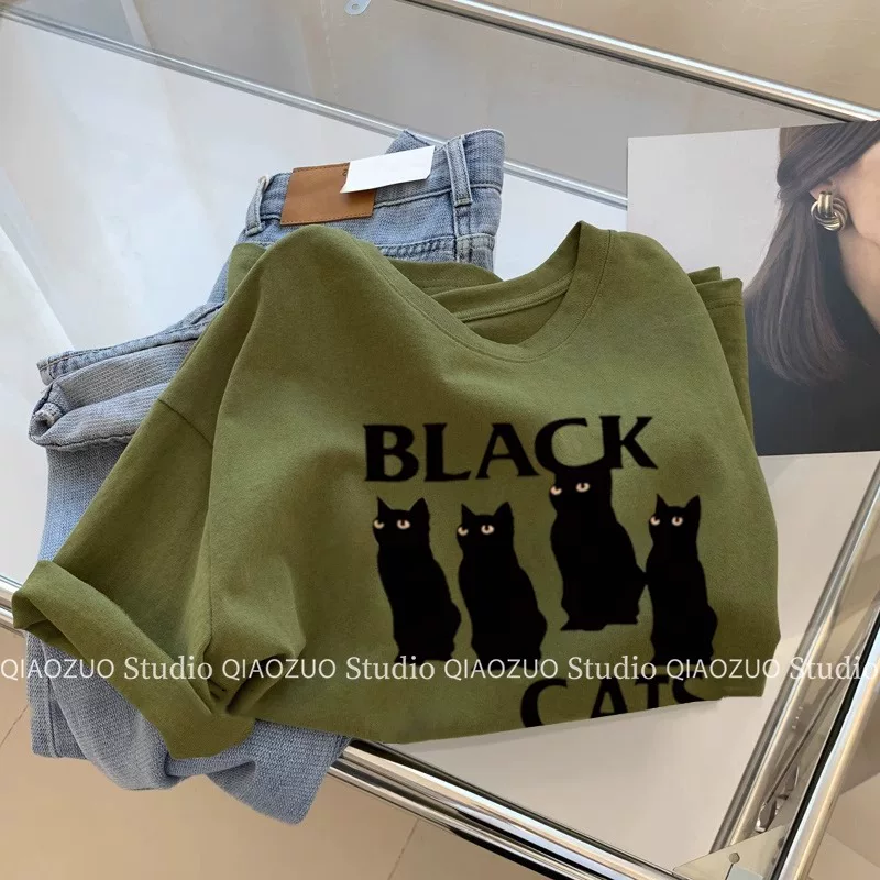 Outlet~ Thương hiệu xuất khẩu thanh lý hàng mùa hè cotton nguyên chất mới in hình mèo áo thun ngắn tay quần áo nữ
