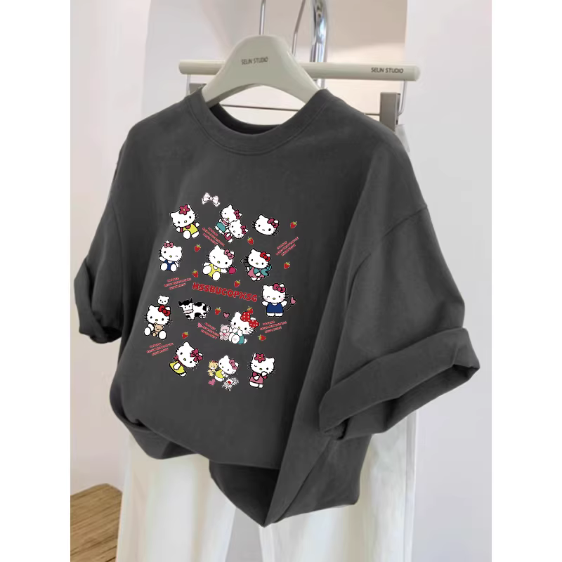 Giảm giá đặc biệt~ Hàng xuất khẩu dư thừa, áo thun cotton in hình hoạt hình thời trang, dáng rộng, chất liệu cotton nguyên chất, giảm giá dành cho nam và nữ