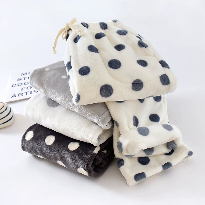 Outlet~ Quần ngủ flannel dày dành cho nữ, quần mặc nhà chất liệu lông san hô ấm áp, dáng rộng, ống thẳng, họa tiết chấm bi mùa thu đông