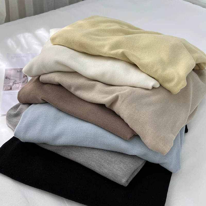 Áo thun cổ đứng chất liệu dệt kim trơn màu ấm áp mùa thu đông dành cho nữ, hàng xuất khẩu, giá rẻ tại quầy hàng.