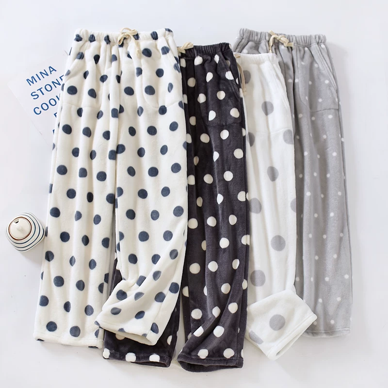 Outlet~ Quần ngủ flannel dày dành cho nữ, quần mặc nhà chất liệu lông san hô ấm áp, dáng rộng, ống thẳng, họa tiết chấm bi mùa thu đông