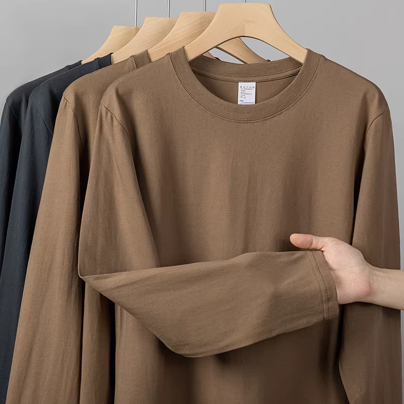 Outlet~ Hàng xuất khẩu, áo thun cotton nguyên chất màu trơn đơn giản, đa năng, tay dài mùa thu, giảm giá