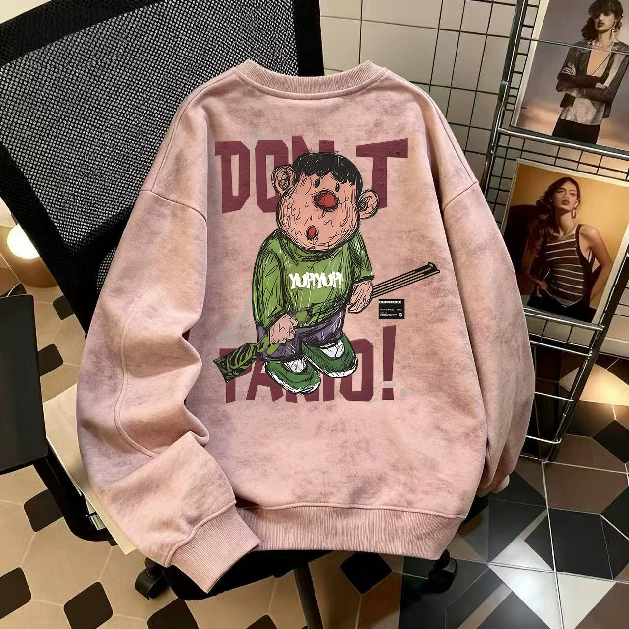 Áo nỉ cổ tròn dáng rộng phong cách Mỹ, chất liệu lông cừu giữ ấm, họa tiết tie-dye, hàng xuất khẩu, giá rẻ, mùa thu đông, thời trang.