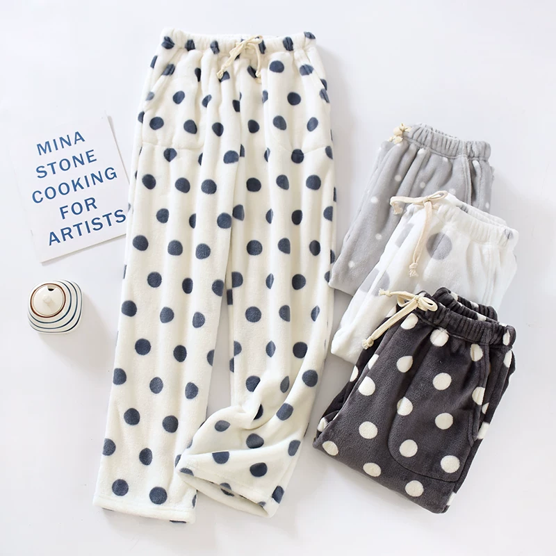 Outlet~ Quần ngủ flannel dày dành cho nữ, quần mặc nhà chất liệu lông san hô ấm áp, dáng rộng, ống thẳng, họa tiết chấm bi mùa thu đông