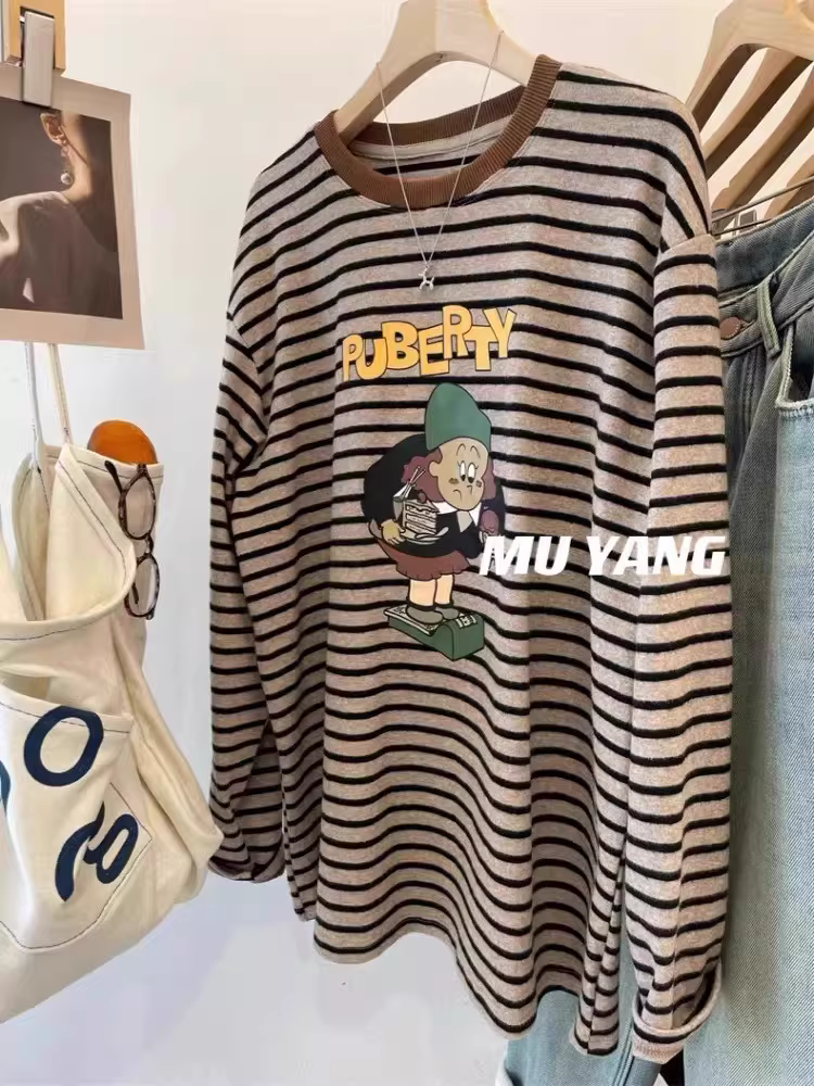 Outlet~ Áo thun dài tay mềm mại có họa tiết sọc kiểu Hàn Quốc dành cho nữ, kiểu dáng thời trang