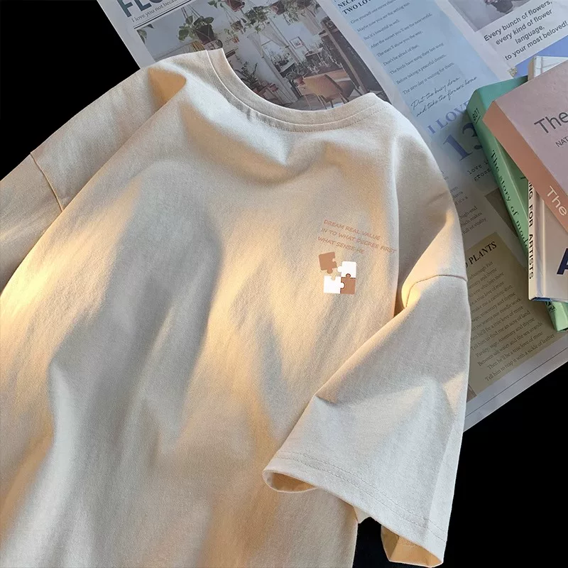 Giảm giá đặc biệt~ Hàng xuất khẩu dư thừa, hàng giảm giá, áo thun cotton in họa tiết, tay ngắn, kiểu dáng đơn giản, dành cho nam nữ và cặp đôi