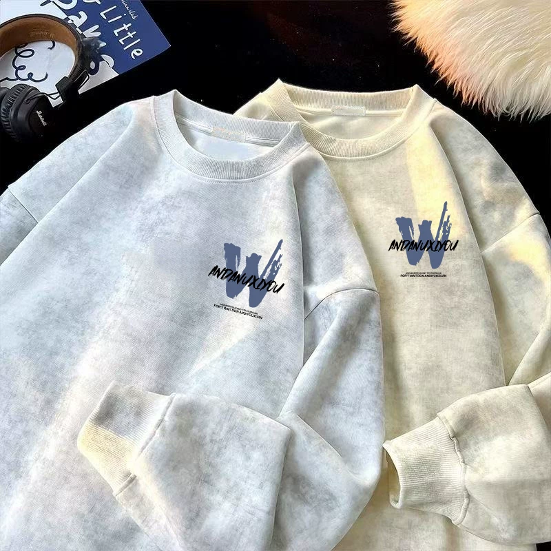 Áo nỉ cổ tròn rộng rãi, dày dặn, ấm áp, kiểu dáng Mỹ, chất liệu fleece lót lông, họa tiết tie-dye, hàng xuất khẩu, giá rẻ, mùa thu đông.