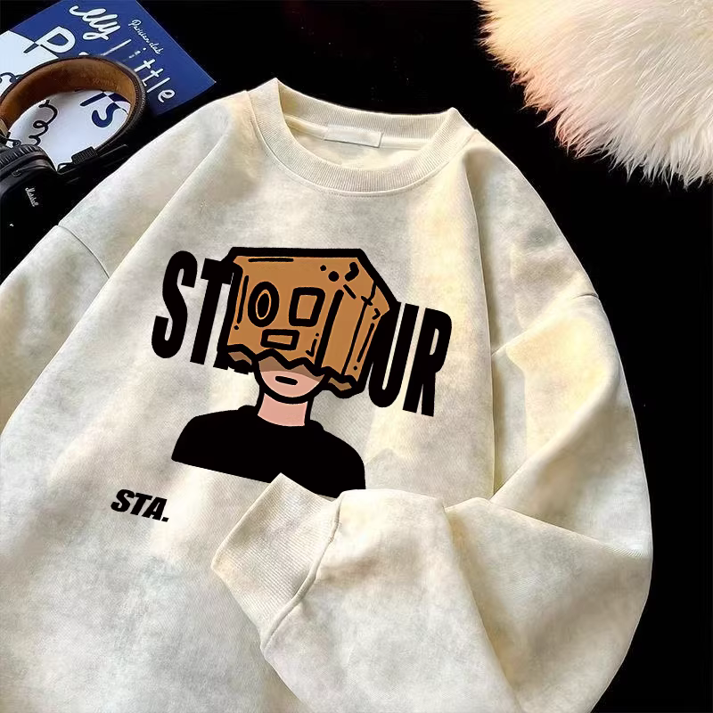 Áo thun nỉ cổ tròn dáng rộng phong cách retro Mỹ, họa tiết tie-dye, xuất khẩu, hàng hiệu, giá rẻ, mùa thu đông