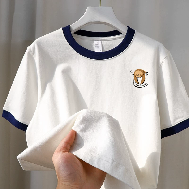 Áo thun tay ngắn in họa tiết đơn giản, phối màu tương phản, kiểu dáng mới đa năng, hàng xuất khẩu, giá rẻ.