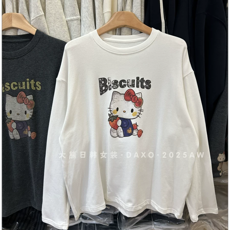 Outlet~ Áo thun nữ cổ tròn dài tay chất liệu cotton mềm mại, kiểu dáng mới thu đông, thương hiệu xuất khẩu, giá ưu đãi, áo lót KT cat