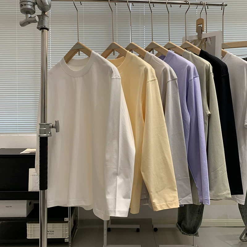 Outlet~ Hàng xuất khẩu thanh lý, áo thun cotton nguyên chất màu trơn giảm giá, kiểu dáng đa năng, mặc thường ngày, tay dài, mùa thu mới