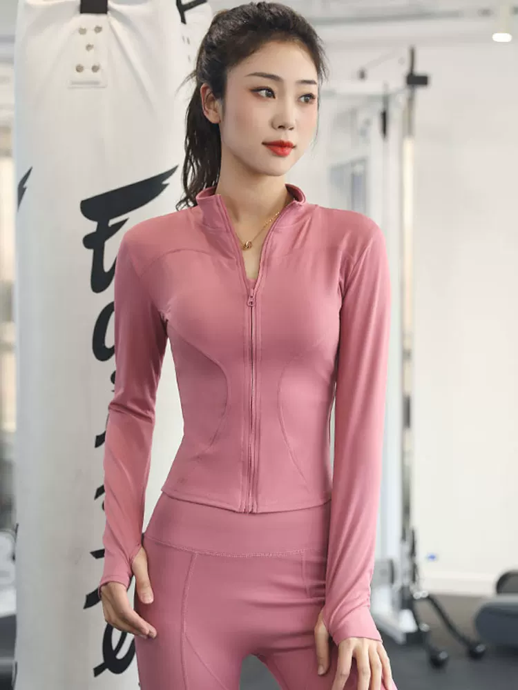Áo tập thể dục cho nữ, quần áo tập yoga dài tay có khóa kéo co giãn, ôm sát cơ thể, áo khoác thể thao cổ đứng giúp thon gọn vòng eo, nhanh khô