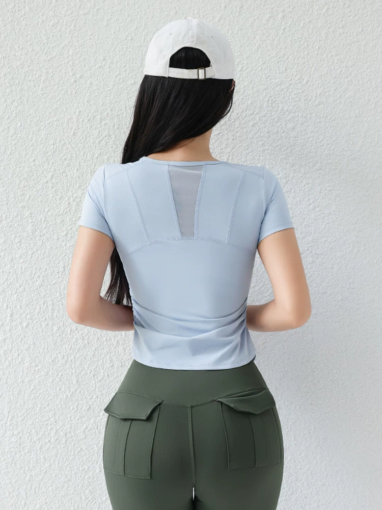 Áo tập yoga nữ tay ngắn kiểu mới 2026 phối lưới thoáng khí, áo thun thể thao chạy bộ tập Pilates tập luyện thể dục