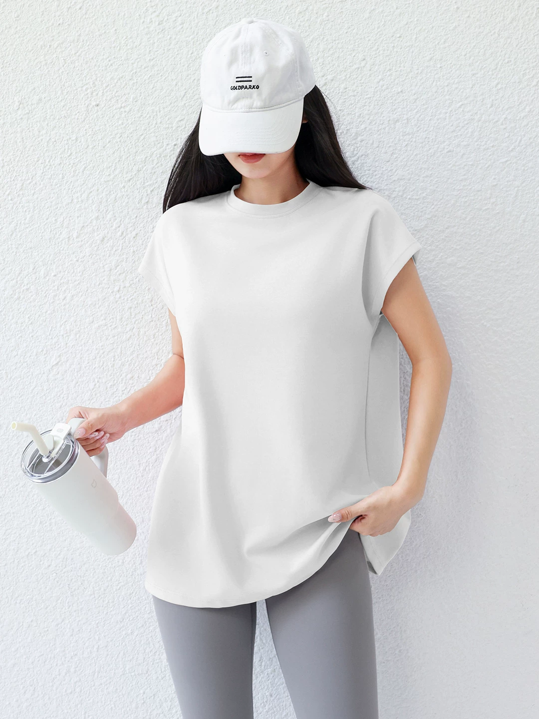 Áo thun thể thao không tay 100% cotton nguyên chất, chất liệu amoniac lỏng, kiểu dáng vest nữ, cổ tròn nhỏ, tay ngắn, mặc tập gym, chạy bộ, yoga, mặc mùa hè, dáng rộng rãi.