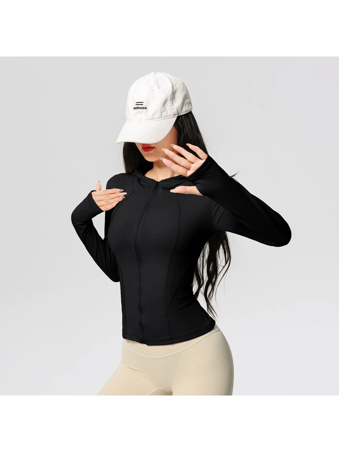 Áo khoác tập yoga lót lông cừu Jiumai Yipin dành cho nữ, áo tập Pilates có mũ trùm đầu, áo thể thao dài tay ấm áp.