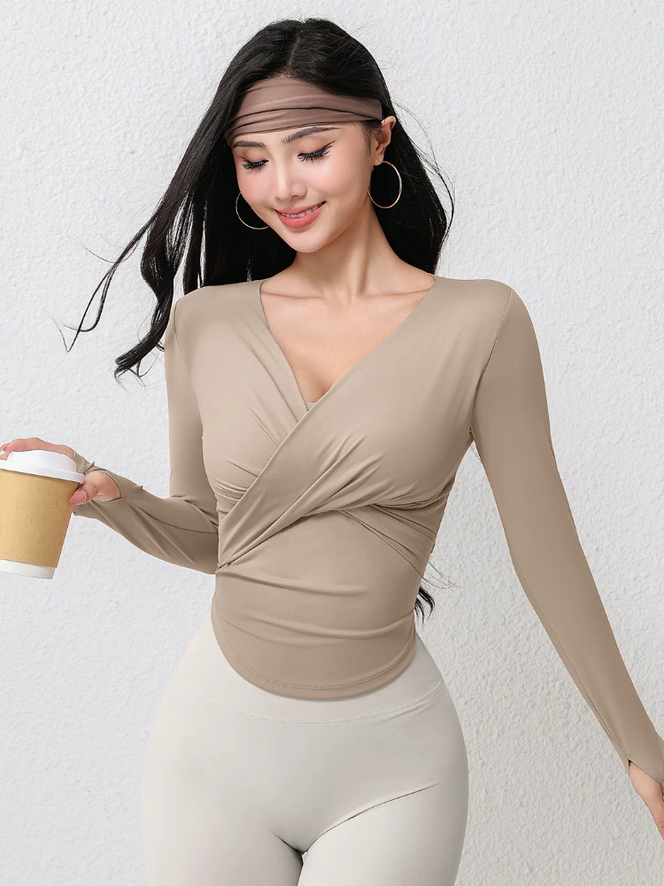 Áo thun dài tay cổ chữ V thể thao yoga mùa thu đông dành cho nữ tập nhảy nhanh khô thoáng khí tập thể dục hàng đầu