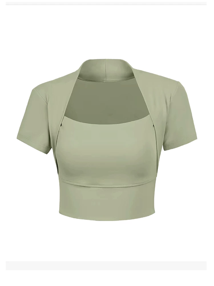 Áo tập yoga Jiumai Yipin có đệm ngực, áo crop top ngắn tay gợi cảm, áo thun ôm vừa vặn co giãn, phổ biến trực tuyến.