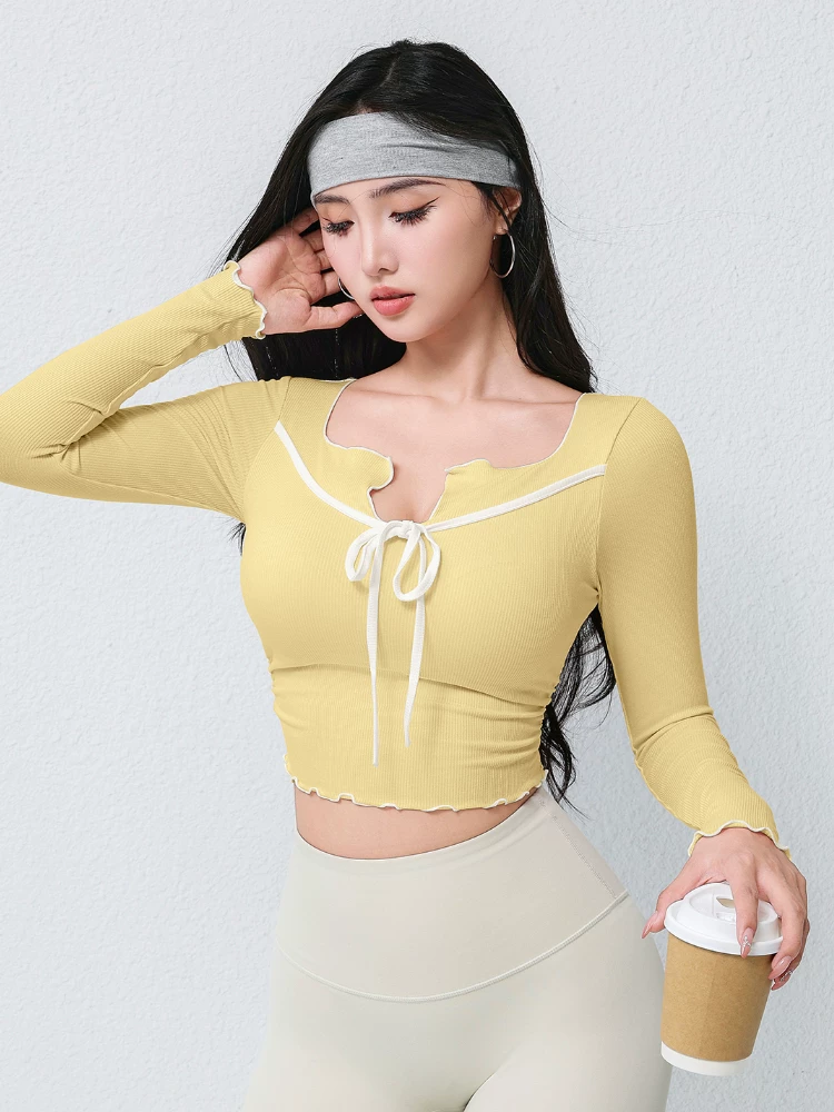 Jiumai Yipin Pure Desire Phong cách cô gái ngọt ngào Quần áo tập yoga dài tay có miếng đệm ngực, Quần áo thể thao chạy bộ Pilates bó sát.