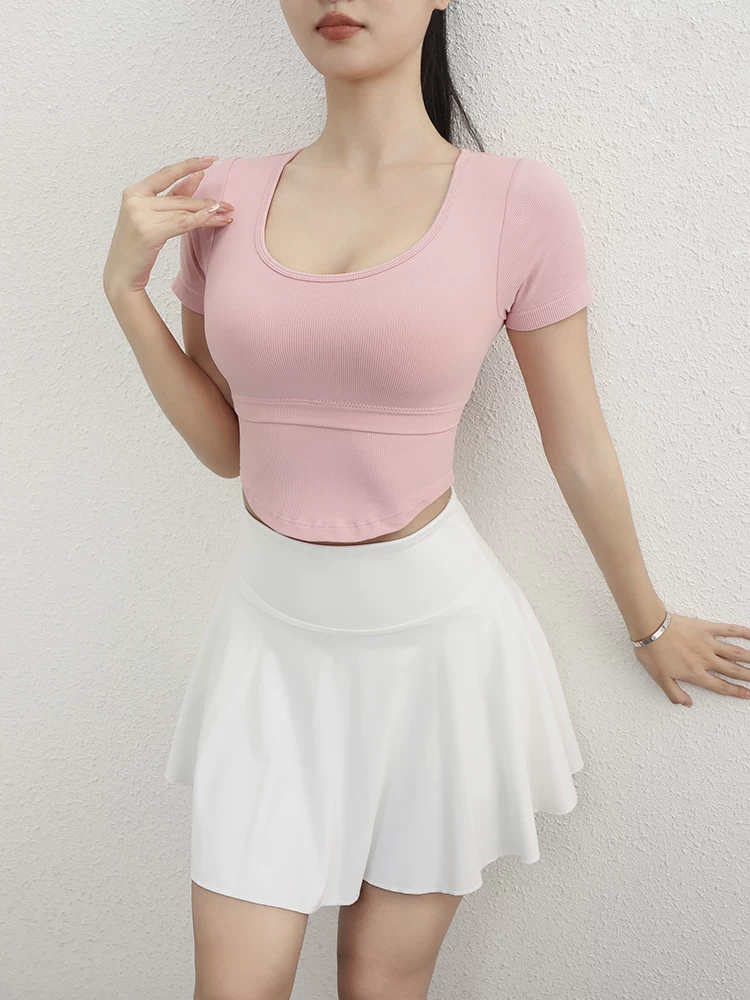 Bộ đồ tập yoga đa năng có đệm ngực, áo tập thể dục khoét eo, áo thun thể thao ngắn tay mỏng mùa hè, ôm sát co giãn dành cho nữ