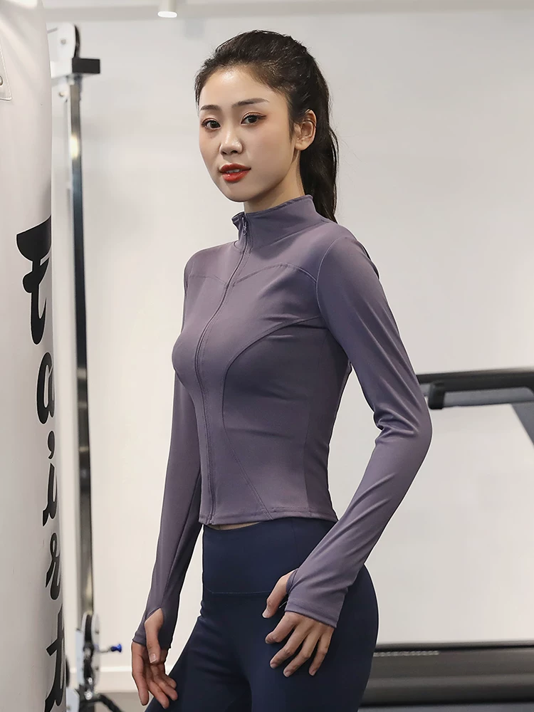 Áo tập thể dục cho nữ, quần áo tập yoga dài tay có khóa kéo co giãn, ôm sát cơ thể, áo khoác thể thao cổ đứng giúp thon gọn vòng eo, nhanh khô
