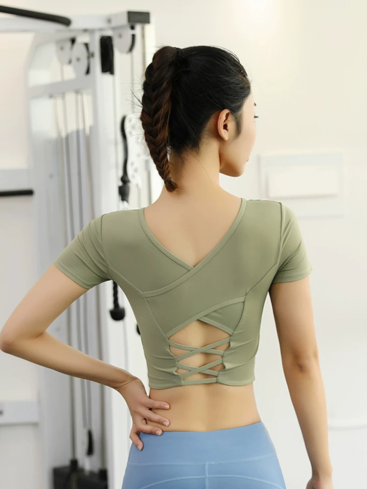 Quần áo tập yoga có đệm ngực, áo thể thao ôm sát, áo thun ngắn tay cao cấp, đồ tập thể dục Pilates cho nữ