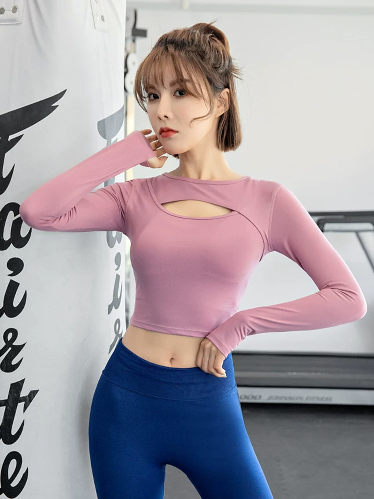 Áo thể thao crop top gợi cảm Jiumai Yipin dành cho nữ, áo thun dài tay bó sát nhanh khô để chạy bộ, tập luyện và yoga.