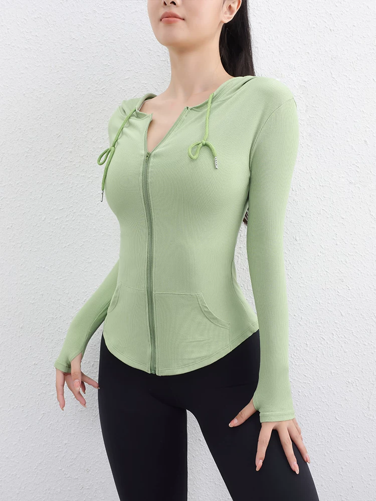 Áo dài tay có mũ trùm đầu mùa xuân, quần áo tập thể dục chạy bộ, áo khoác thể thao nữ, quần áo tập yoga co giãn, quần áo chống nắng mát mẻ